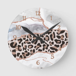 Luxe Witte Roze Gouden Glitter Agate Luipaardprint Ronde Klok
