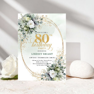 Luxe Witte Rozen Eucalyptus 80e Verjaardagsuitnodi Kaart