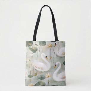 Luxe witte zwaan en waterlelie aquarel canvas draagtas