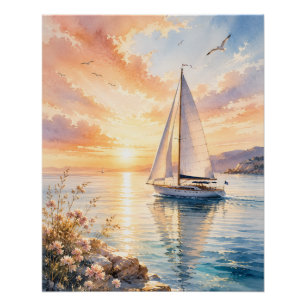 Luxe zeilboot bij zonsopgang aquarel perfect poster