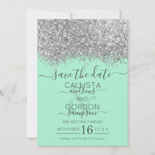 Luxe Zilver Neo Mint Glitter Confetti Bruiloft Save The Date