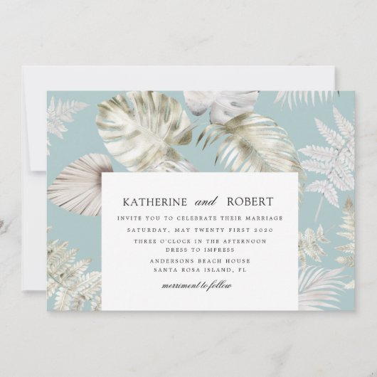 Luxe Zilver Tropisch Bladgroen Bruiloft Kaart (Voorkant)