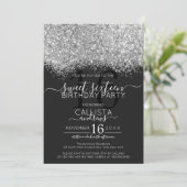 Luxe Zilver Zwart Glitter Confetti Sweet 16 Kaart (Staand voorkant)