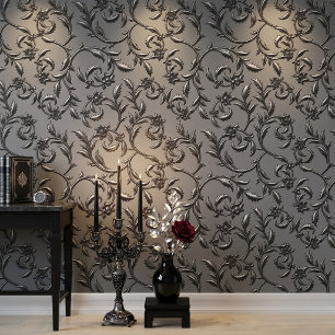 Luxe Zilveren Bloemendamse Muurpapier Elegante Vin Behang
