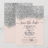 Luxe Zilveren Blush Glitter Confetti Bruiloft Save The Date (Voorkant / Achterkant)