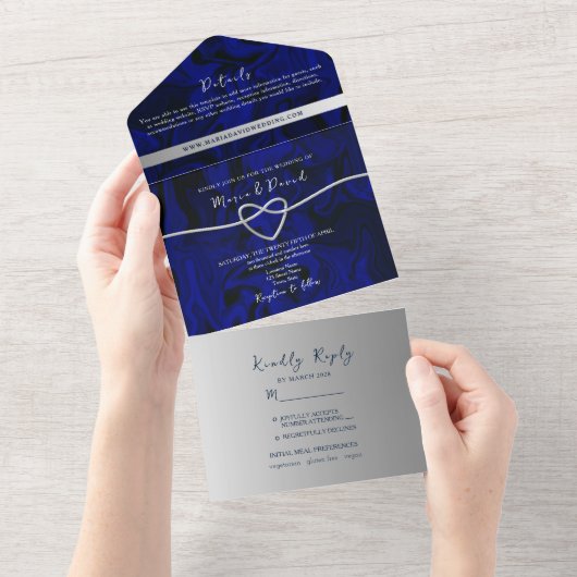 Luxe Zilveren en Royal Blue Wedding All In One Uitnodiging (Afscheurbaar)
