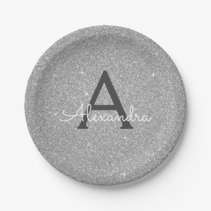 Luxe Zilveren Glitter & Glans Monogram Verjaardag Papieren Bordje