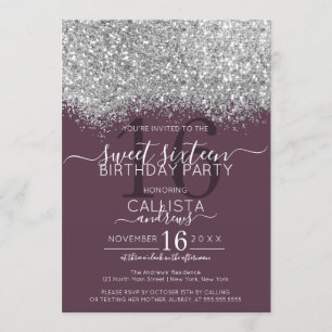 Luxe Zilveren Paarse Glitter Confetti Sweet 16 Kaart