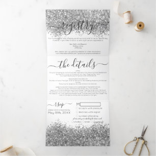 Luxe Zilveren Witte Glitter Registry Detail RSVP Drieluik Uitnodiging