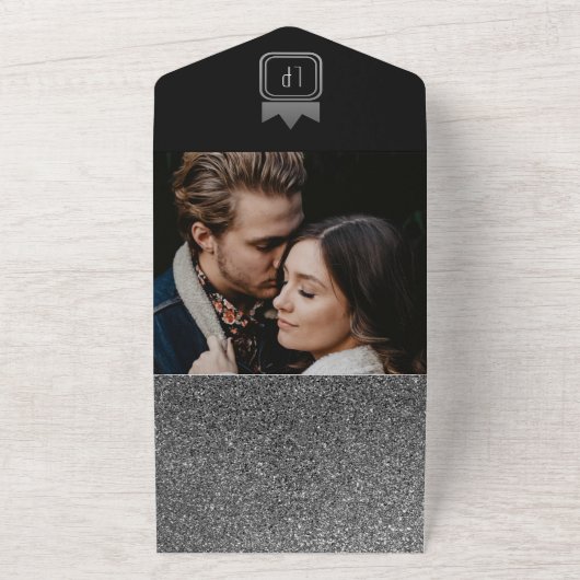 Luxe Zilveren Zwart Glitter Monogram Huwelijk All In One Uitnodiging (Buitenkant)