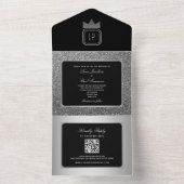 Luxe Zilveren Zwart Glitter Monogram Huwelijk All In One Uitnodiging (Binnen)