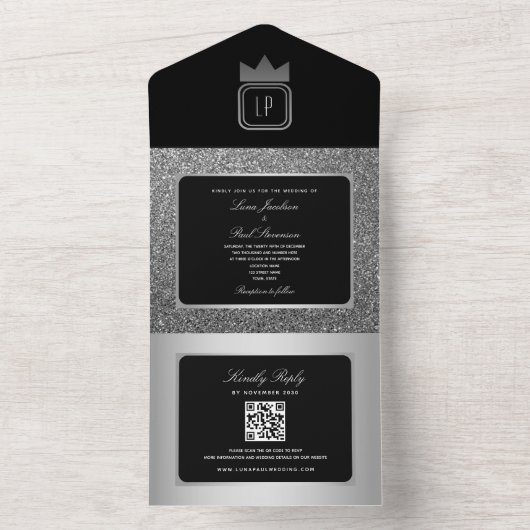 Luxe Zilveren Zwart Glitter Monogram Huwelijk All In One Uitnodiging (Binnen)
