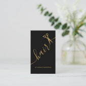 Luxe Zwarde Gouden Haar Script Schaar QR Code Visitekaartje (Staand voorkant)