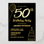 Luxe Zwart 50e Verjaardagsfeest Echt Goud Folie Uitnodiging (Voorkant)