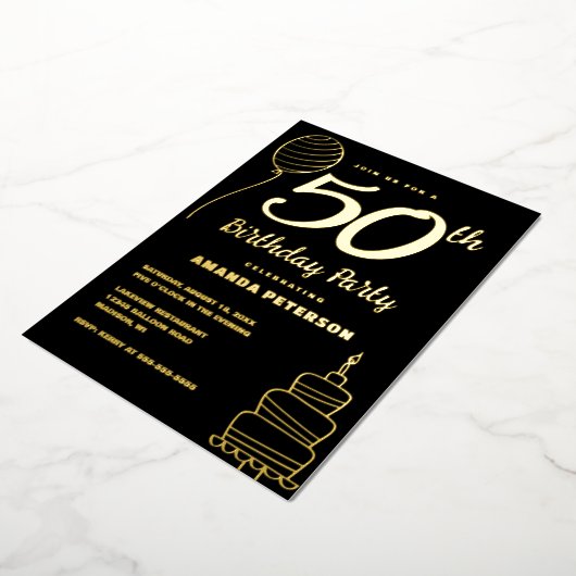 Luxe Zwart 50e Verjaardagsfeest Echt Goud Folie Uitnodiging (Gedraaid)