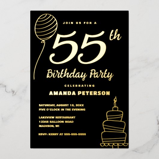 Luxe Zwart 55e Verjaardagsfeest Echt Goud Folie Uitnodiging (Voorkant)