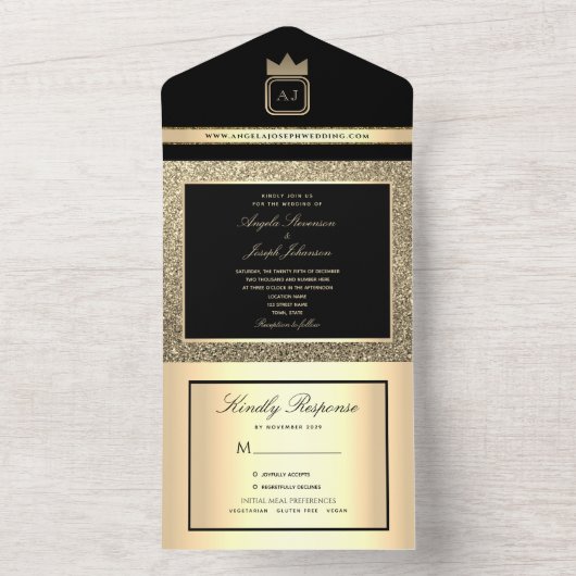 Luxe zwart en goud bruiloft all in one uitnodiging (Binnen)