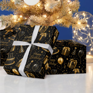Luxe Zwart en Goud Gelukkig Verjaardag Cadeaupapier
