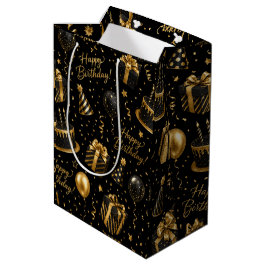 Luxe Zwart en Goud Gelukkig Verjaardag Medium Cadeauzakje