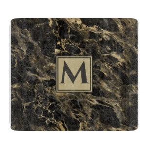 Luxe Zwart en Goud Marmer   Monogram Snijplank
