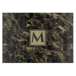 Luxe Zwart en Goud Marmer   Monogram Snijplank