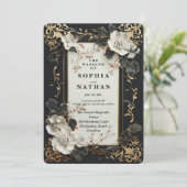 Luxe Zwart en Goud met Elegant Bloemontwerp Kaart (Staand voorkant)