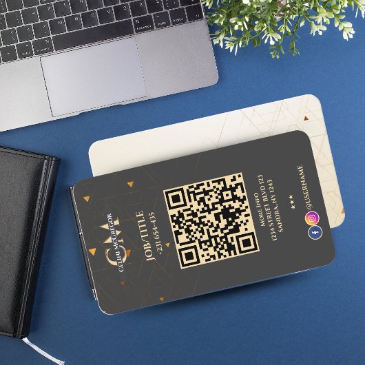 Luxe zwart en goud monogram Visitekaartje met QR
