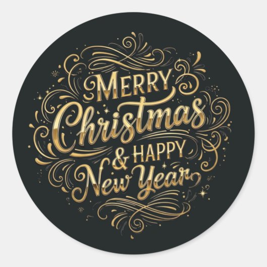 Luxe Zwart en Goud Zalig Kerstmis Schrift Ronde Sticker (Voorkant)