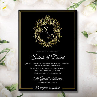 Luxe zwart en gouden klassieke elegante trouwdag folie uitnodiging