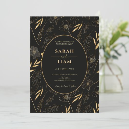 Luxe Zwart & Goud Anemone Wildflower Bruiloft Kaart (Staand voorkant)