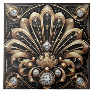 Luxe Zwart & Goud Art Deco Keramische Tegel Tegeltje