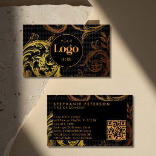 Luxe Zwart & Goud Barok Aangepast Logo QR Code Visitekaartje