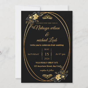 Luxe Zwart & Goud Bloemen Huwelijksuitnodiging Kaart