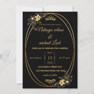 Luxe Zwart & Goud Bloemen Huwelijksuitnodiging Kaart