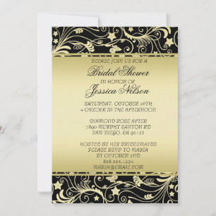 Luxe Zwart Goud Bloemen Swirls Douche Invite Kaart