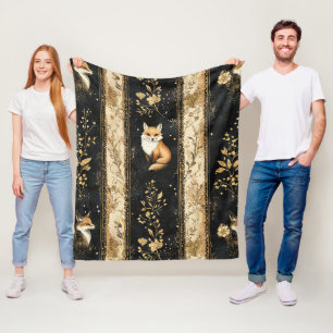 Luxe zwart & goud botanisch patroon met vos (1) fleece deken