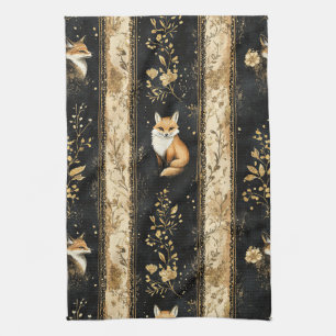 Luxe zwart & goud botanisch patroon met vos (1) theedoek