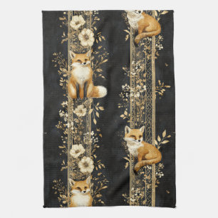Luxe zwart & goud botanisch patroon met vos (2) theedoek