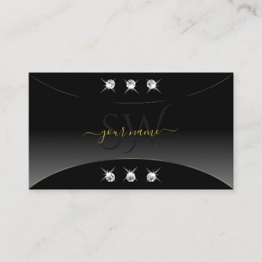 Luxe zwart goud  diamanten en monogram visitekaartje (Voorkant)