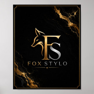 Luxe Zwart & Goud FoxStylo Logo Muurkunst – Premi Poster