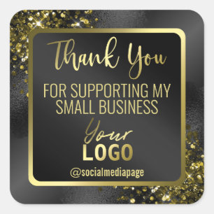 Luxe Zwart Goud Glitter Dank u Business Logo Vierkante Sticker