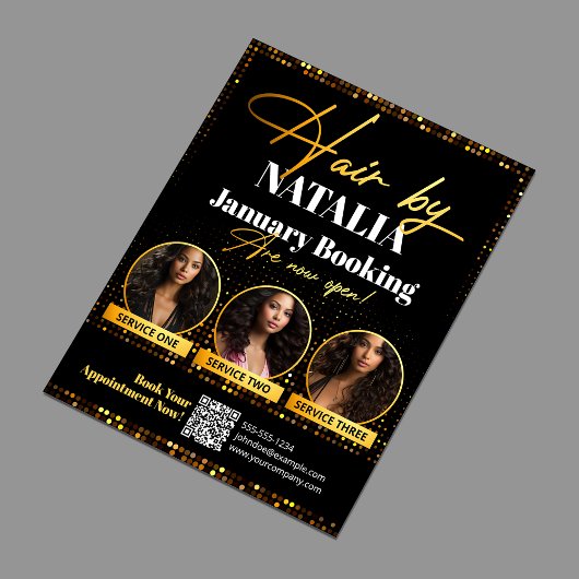 Luxe Zwart Goud Haar Salon Promo Booking Flyer