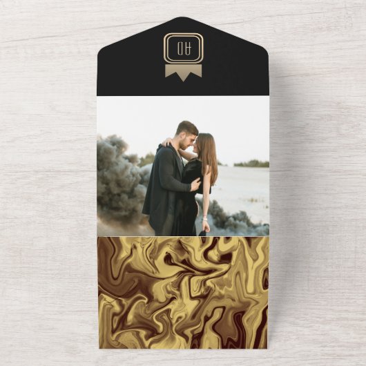 Luxe Zwart Goud Marmeren Monogram Huwelijksuitnodi All In One Uitnodiging (Buitenkant)