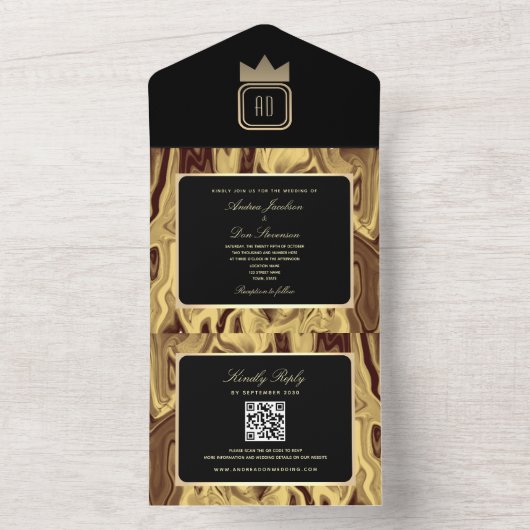 Luxe Zwart Goud Marmeren Monogram Huwelijksuitnodi All In One Uitnodiging (Binnen)
