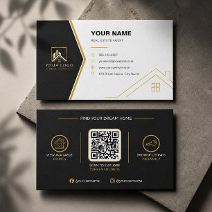 Luxe Zwart Goud Modern Vastgoed QR Code Visitekaartje