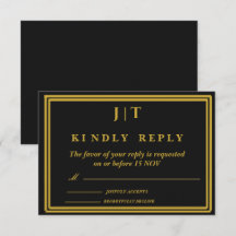 Luxe Zwart & Goud Monogram Huwelijks RSVP Kaart