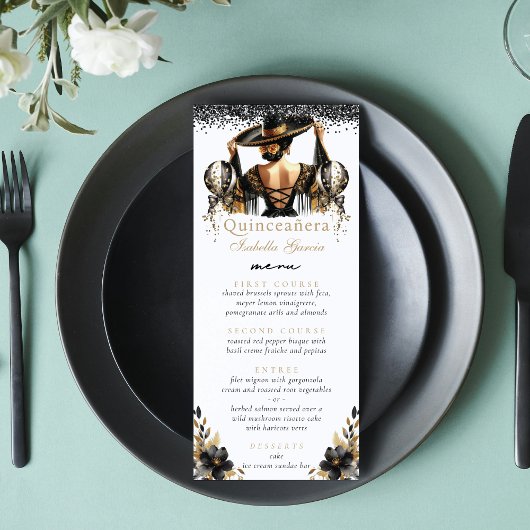 Luxe zwart goud quinceañera menu