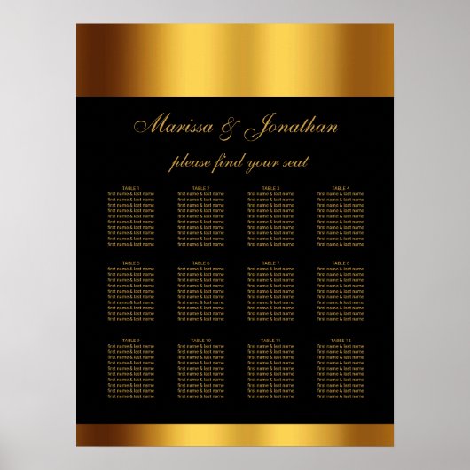 Luxe Zwart Goud Script Border Bruiloft Zitplaatsen Poster (Voorkant)