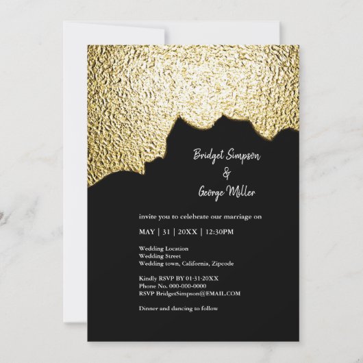 Luxe Zwart Goud Textured Modern Wedding Kaart (Voorkant)