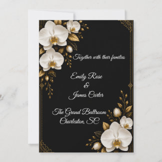 Luxe Zwart Goud & Witte Orchidee Huwelijksuitnodig Kaart